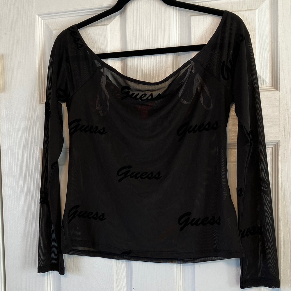 GUESS sheer black mesh ballerina long sleeved night club flocked logo blouse top
